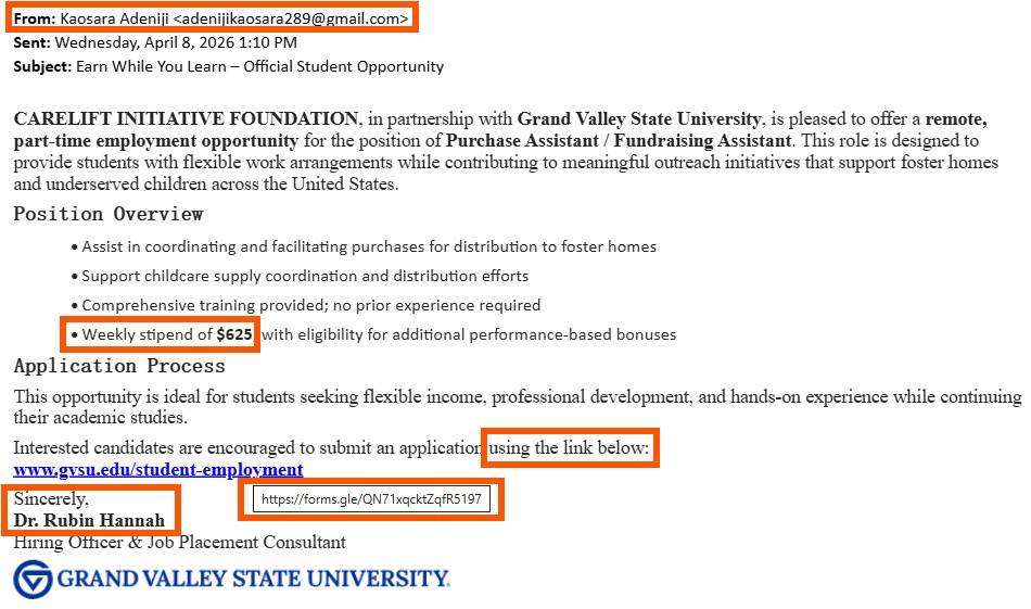 Screenshot of email that includes classic phishing characteristics, including mismatched email and sender, incorrect link, and a weekly stipend